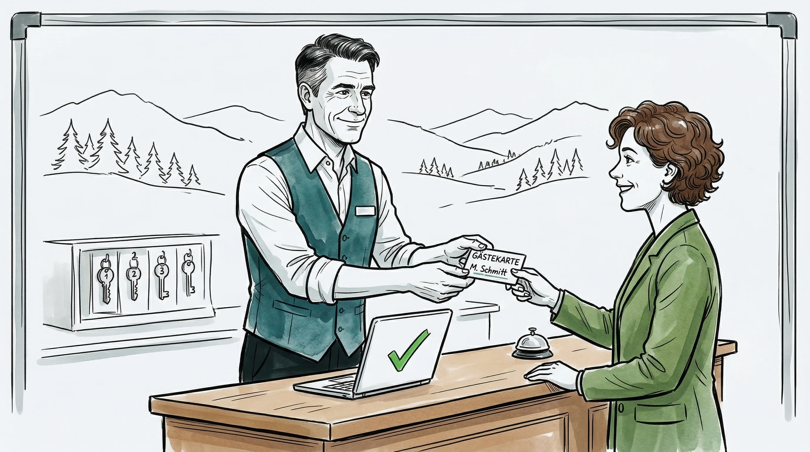 Illustration: Hotelbesitzer überreicht entspannt eine vorpersonalisierte Gästekarte, Laptop zeigt grünes Häkchen