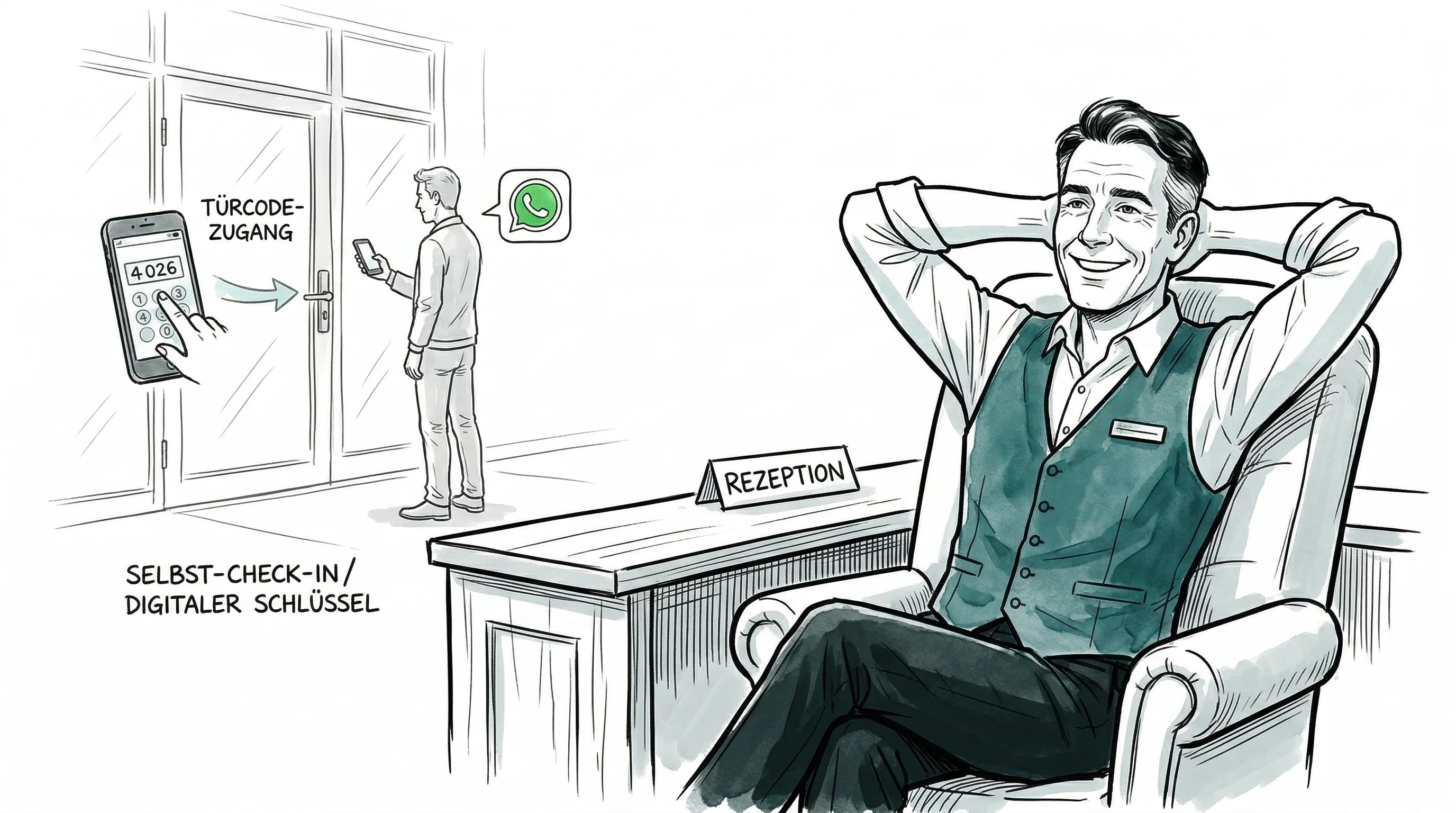 Illustration: Hotelbesitzer lehnt sich entspannt zurück, während ein Gast im Hintergrund selbstständig per Smartphone eincheckt