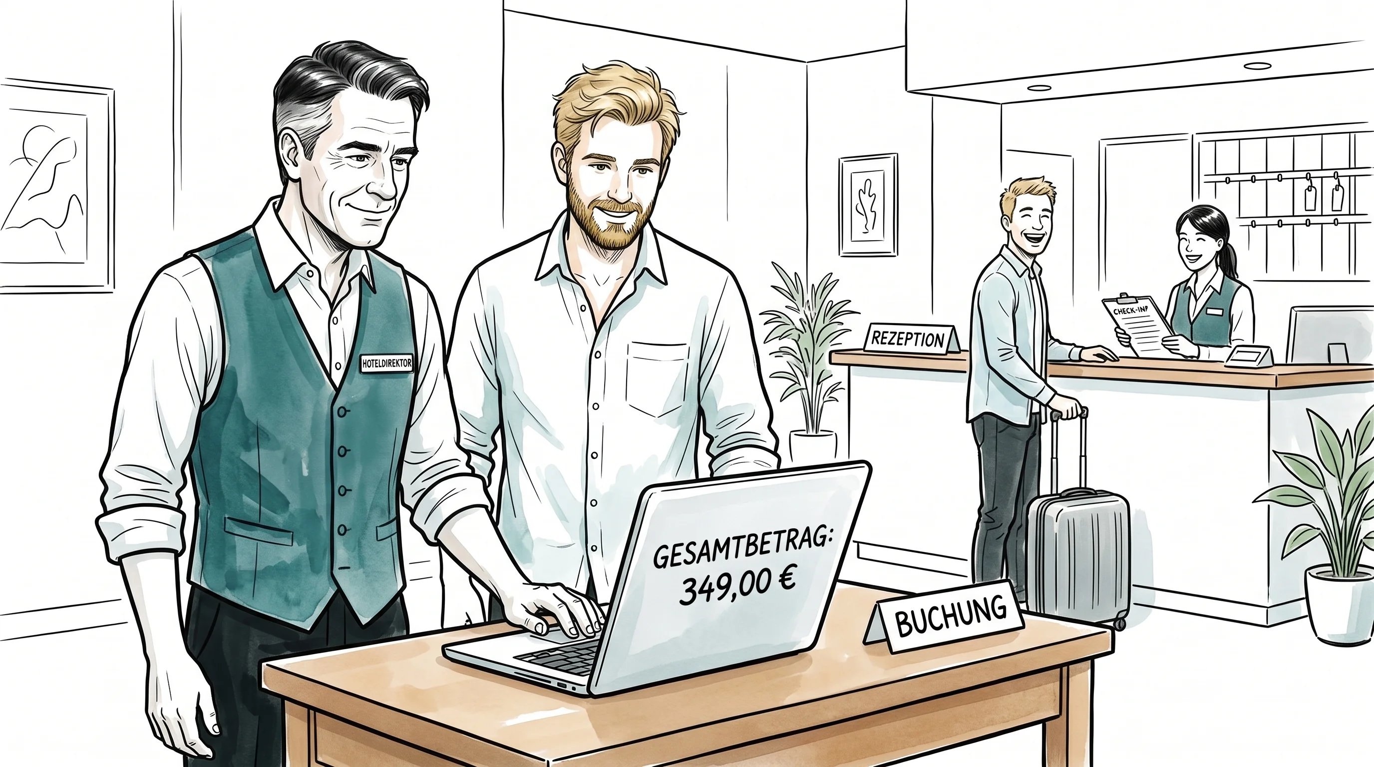 Illustration: Entspannter Hotelier am Empfang, alle Systeme zeigen denselben City-Tax-Betrag, Gast checkt zufrieden ein