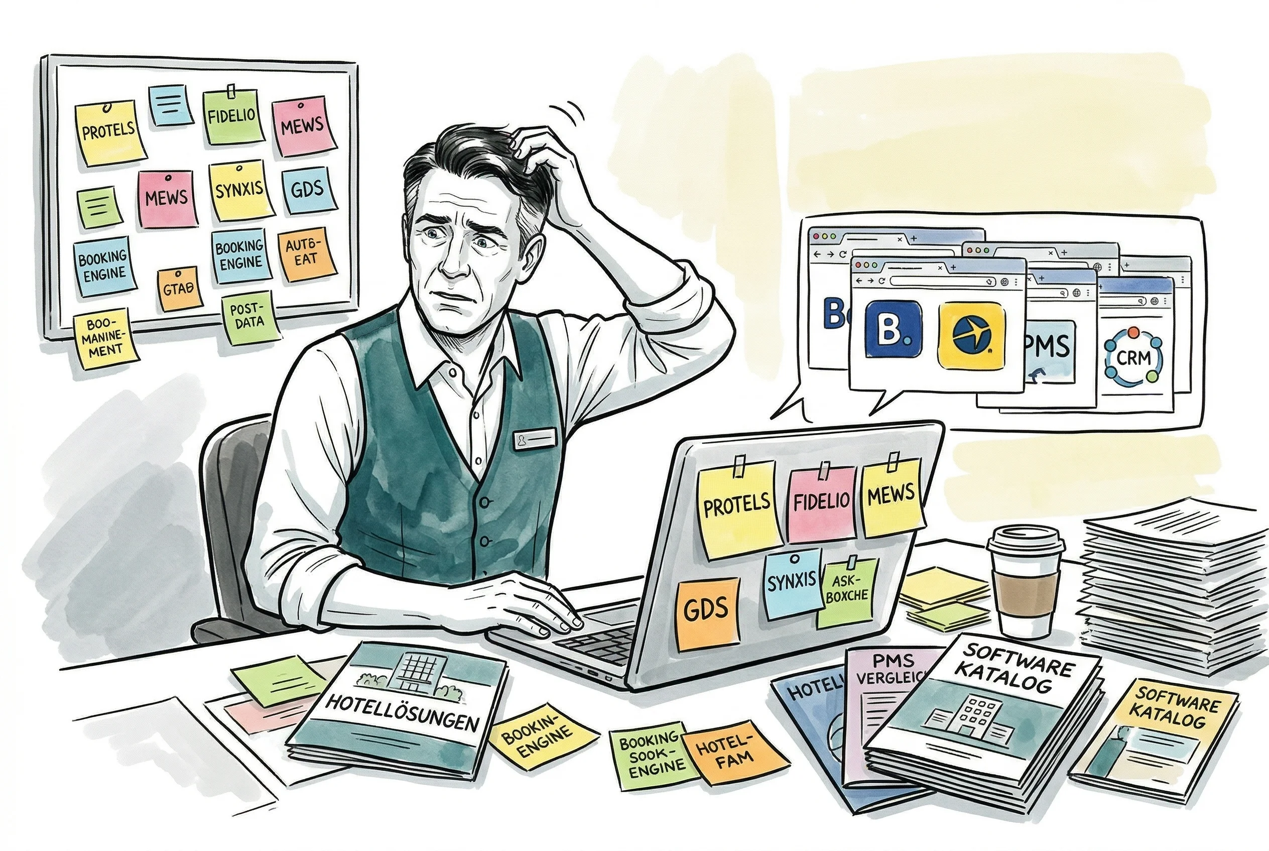 Illustration: Hotelier vor dem Bildschirm, verwirrt von zu vielen Softwareoptionen