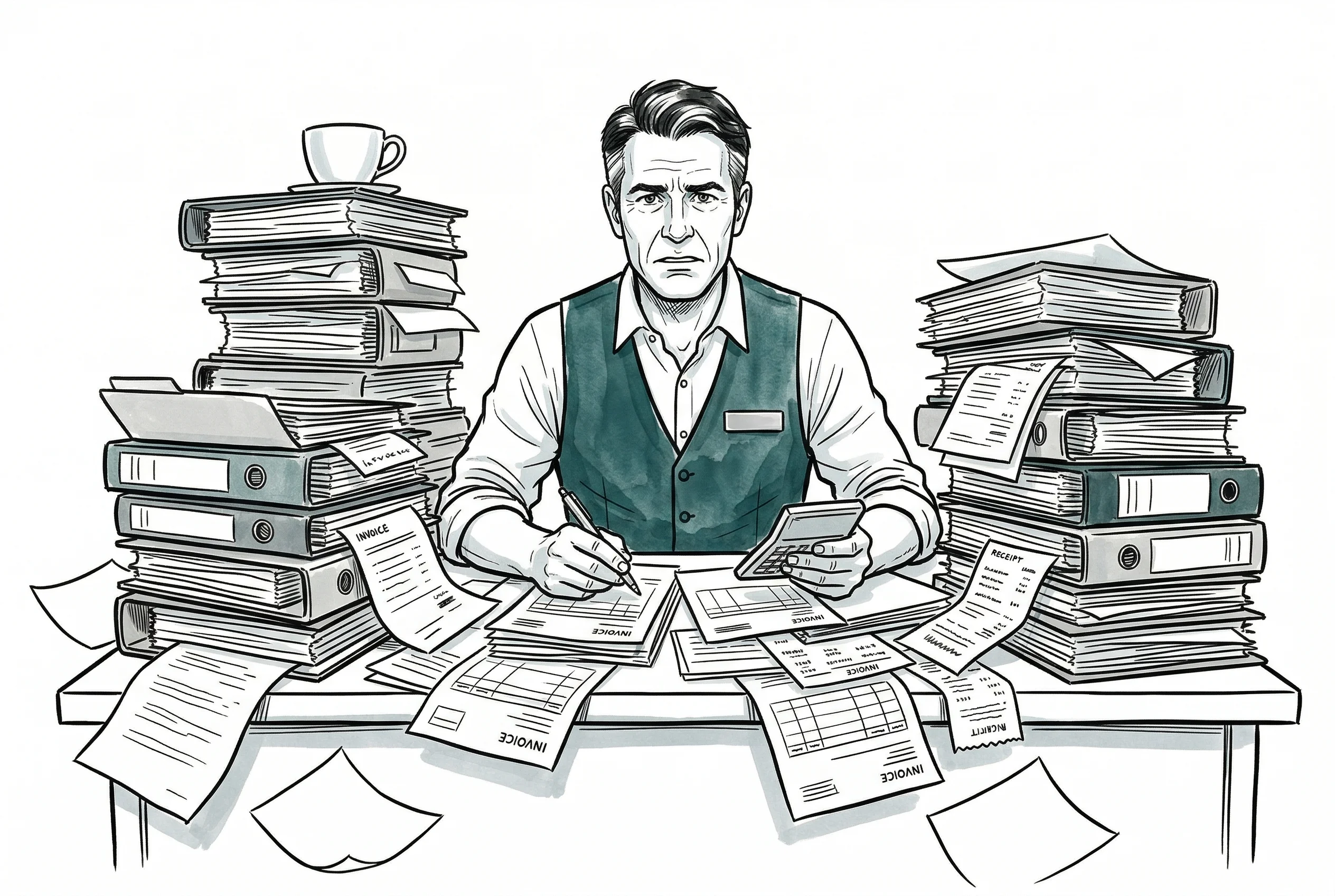 Illustration: Hotelbesitzer sitzt verzweifelt an einem Schreibtisch voller Ordner, Belege und Rechnungen